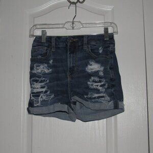 AMERICAN EAGLE Curvy Hi-Rise Shortie Dark Wash Distressed Cuffed Shorts Size 0